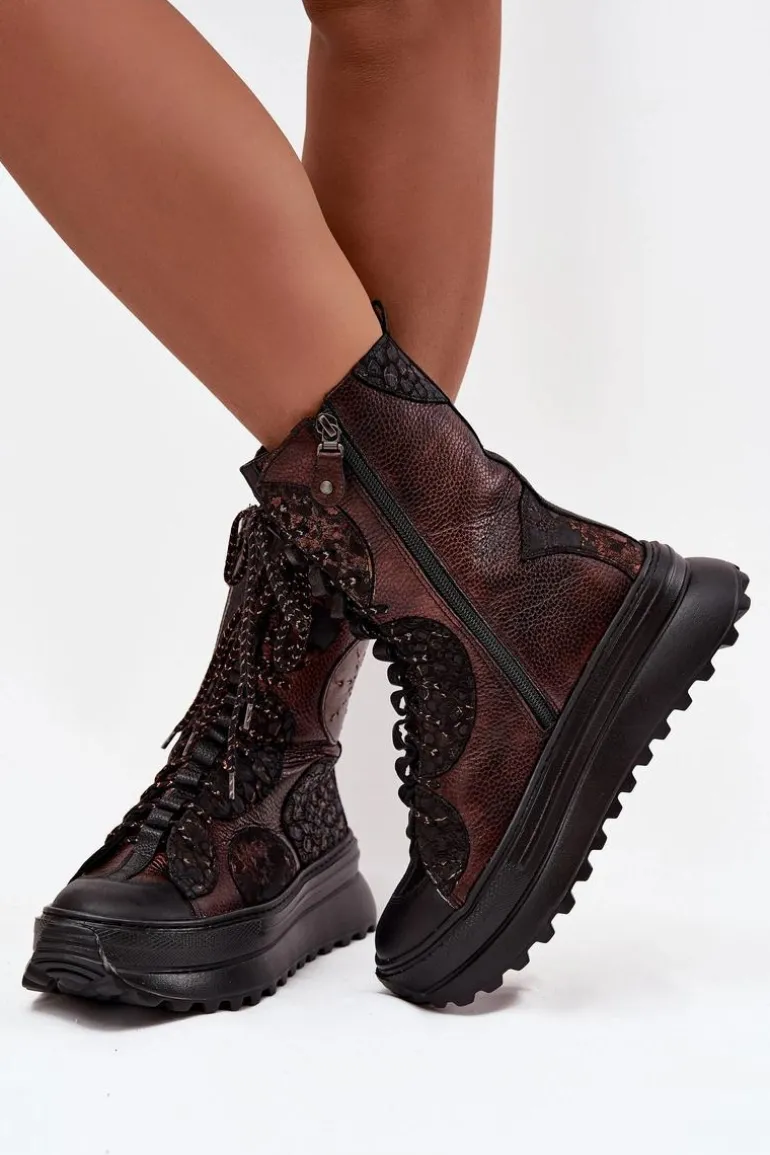 Skórzane Botki Na Platformie Ocieplane Maciejka 06565-02 Brązowo-Złote