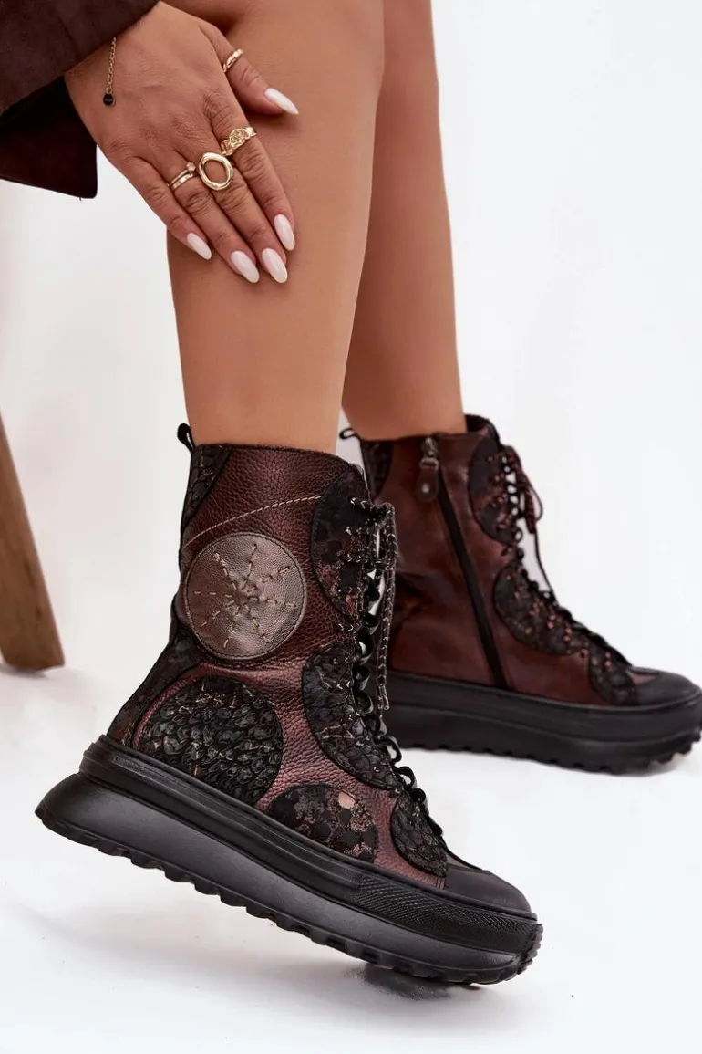 Skórzane Botki Na Platformie Ocieplane Maciejka 06565-02 Brązowo-Złote