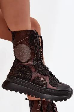 Skórzane Botki Na Platformie Ocieplane Maciejka 06565-02 Brązowo-Złote