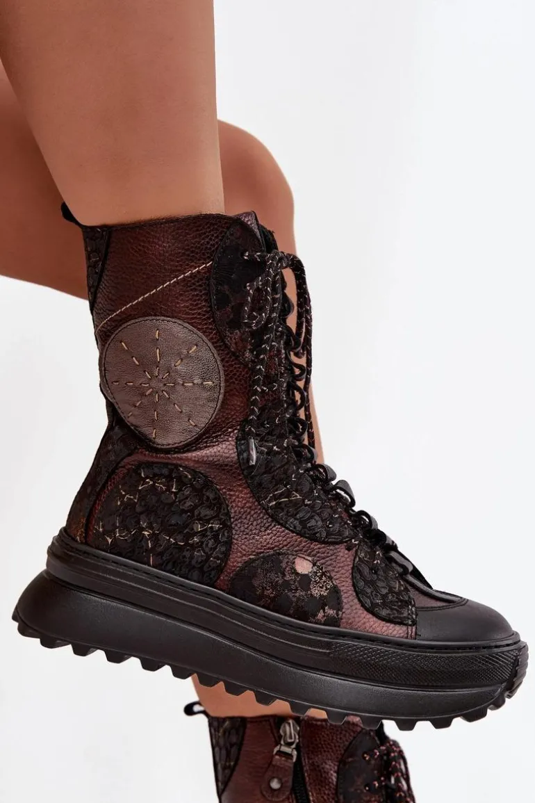 Skórzane Botki Na Platformie Ocieplane Maciejka 06565-02 Brązowo-Złote