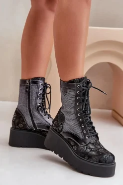 Skórzane Botki Na Platformie I Koturnie Z Wzorzystą Cholewką Maciejka 06720-01 Czarne