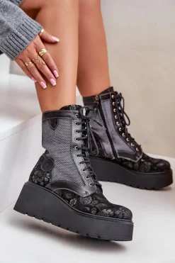 Skórzane Botki Na Platformie I Koturnie Z Wzorzystą Cholewką Maciejka 06720-01 Czarne