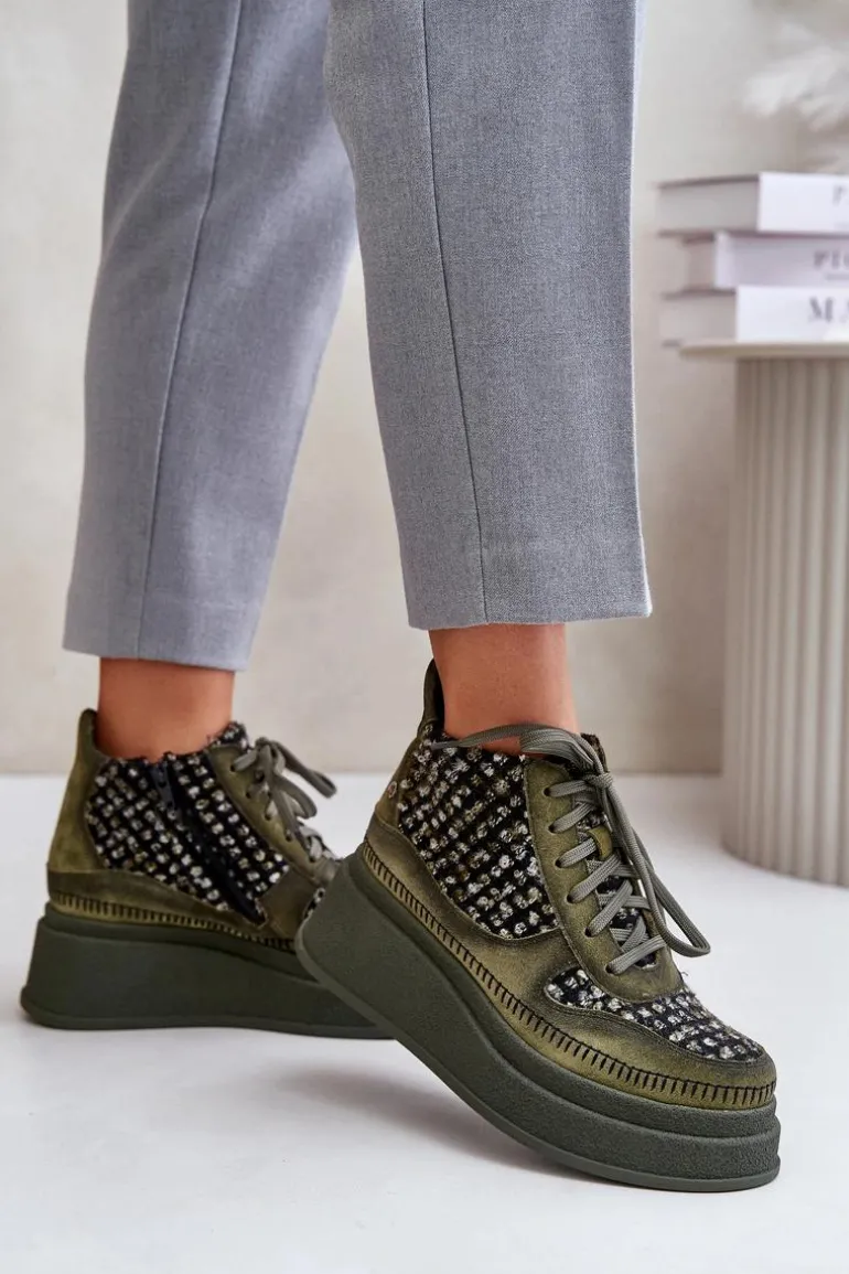 Skórzane Botki Na Platformie I Koturnie Maciejka 06759-09 Zielone