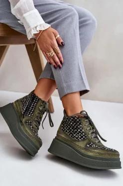 Skórzane Botki Na Platformie I Koturnie Maciejka 06759-09 Zielone