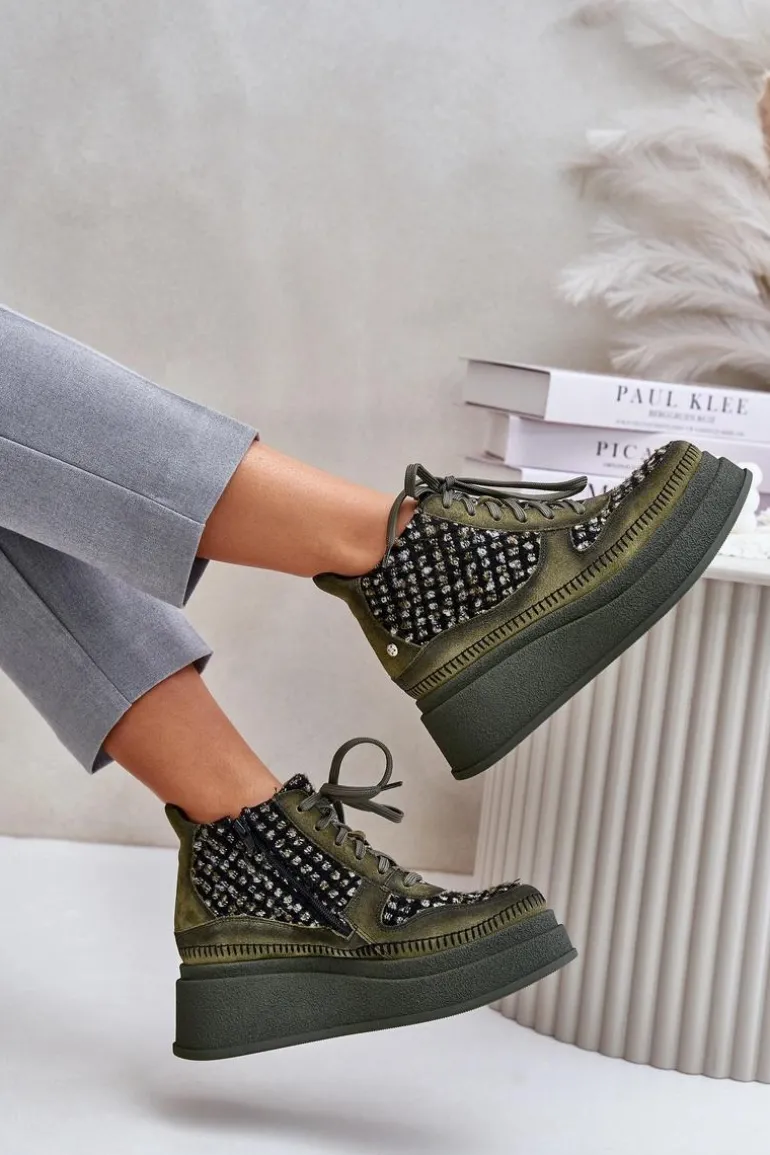 Skórzane Botki Na Platformie I Koturnie Maciejka 06759-09 Zielone