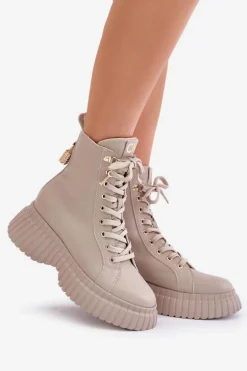 Skórzane Botki Na Platformie Na Zamek Z Ozdobną Kłódką CheBello 4517 Beżowe