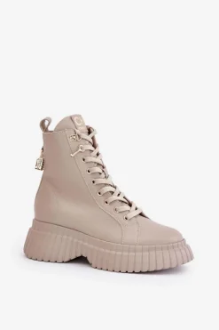 Skórzane Botki Na Platformie Na Zamek Z Ozdobną Kłódką CheBello 4517 Beżowe