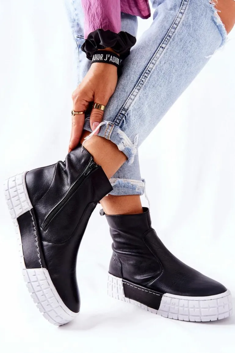 Skórzane Botki Na Platformie Czarne Maciejka 05216-01