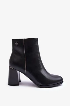 Skórzane Botki Na Słupku Czarne Popilla