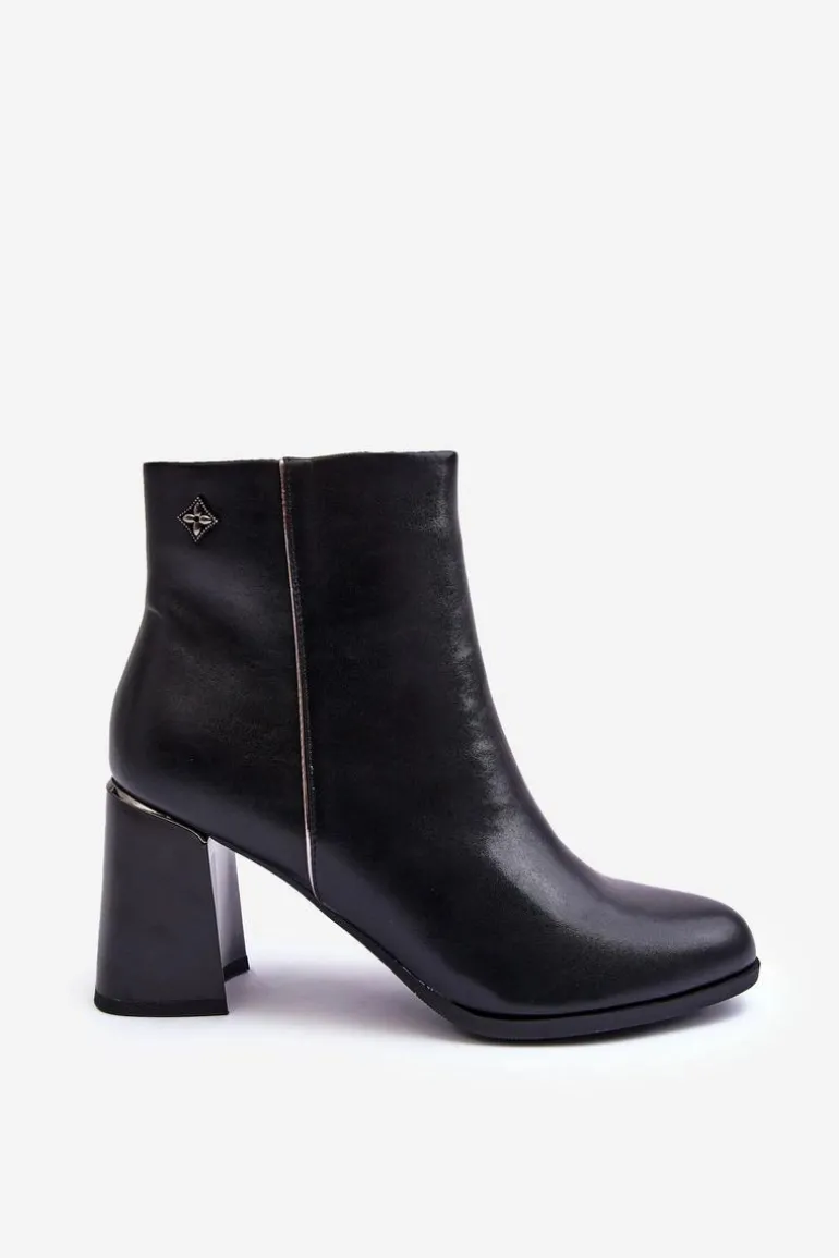 Skórzane Botki Na Słupku Czarne Popilla