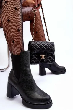 Skórzane Botki Na Słupku Czarne Lemar Liresa