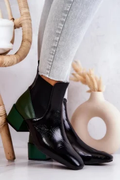 Skórzane Botki Na Słupku Czarno-Zielone Kailey