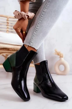 Skórzane Botki Na Słupku Czarno-Zielone Kailey