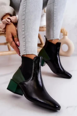 Skórzane Botki Na Słupku Czarno-Zielone Kailey