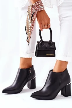 Skórzane Botki Na Słupku Czarne Raglan