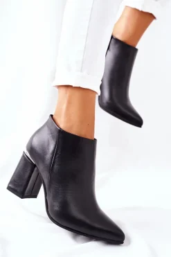 Skórzane Botki Na Słupku Czarne Raglan