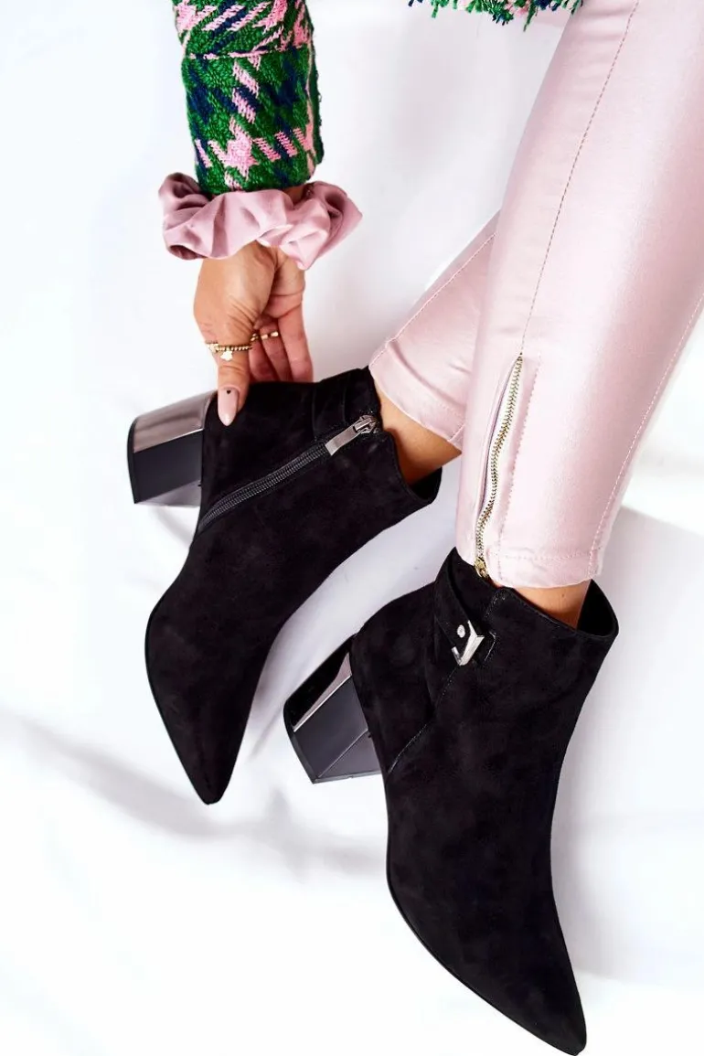 Skórzane Botki Na Słupku Laura Messi Czarne 2354