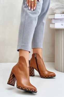 Skórzane Botki Na Słupku Laura Messi 2836 Brązowe