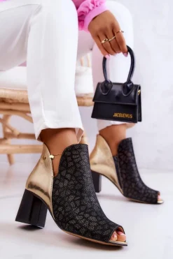Skórzane Botki Na Słupku Maciejka 05507-01 Czarno-Złote
