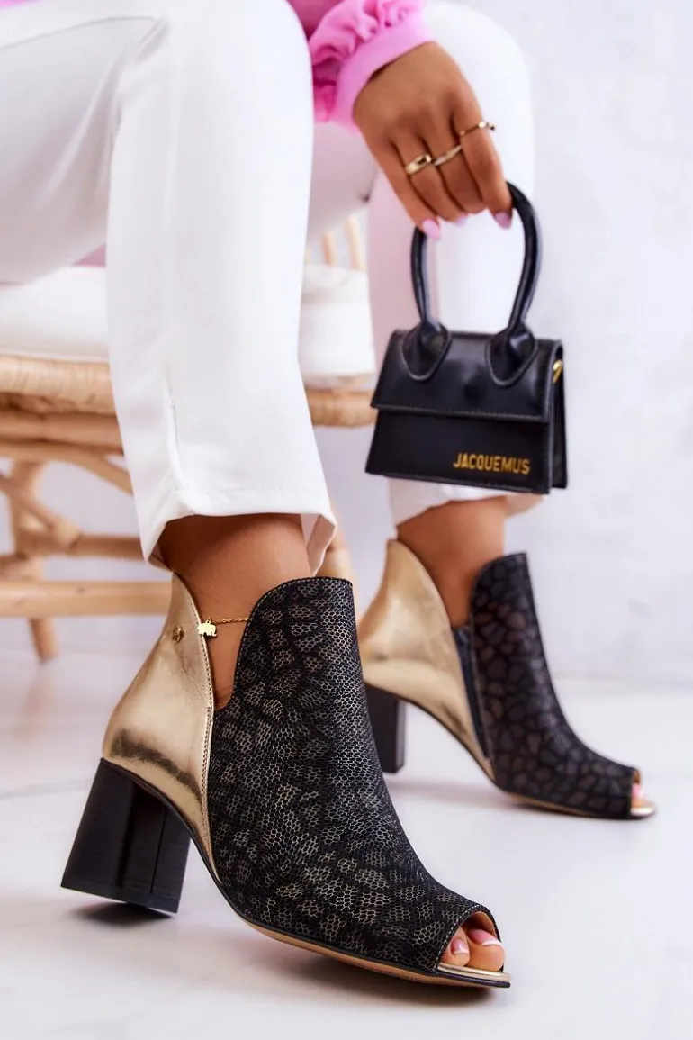 Skórzane Botki Na Słupku Maciejka 05507-01 Czarno-Złote