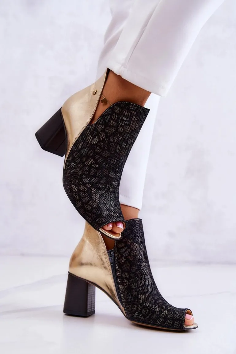 Skórzane Botki Na Słupku Maciejka 05507-01 Czarno-Złote