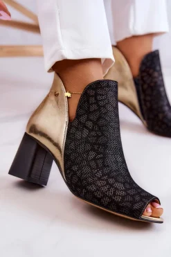 Skórzane Botki Na Słupku Maciejka 05507-01 Czarno-Złote