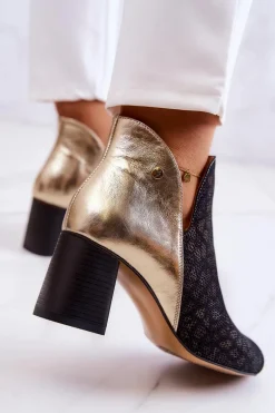 Skórzane Botki Na Słupku Maciejka 05507-01 Czarno-Złote