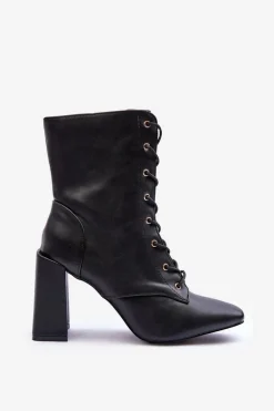 Skórzane Botki Na Słupku Sznurowane Czarne Divani