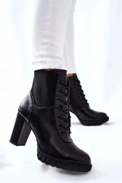 Skórzane Botki Na Słupku Wysokie Czarne Joyte