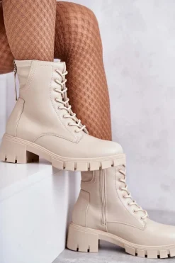 Skórzane Botki Na Suwak Beżowe Tonje