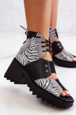 Skórzane Botki Na Suwak Maciejka 05321-03 Szaro-Czarne