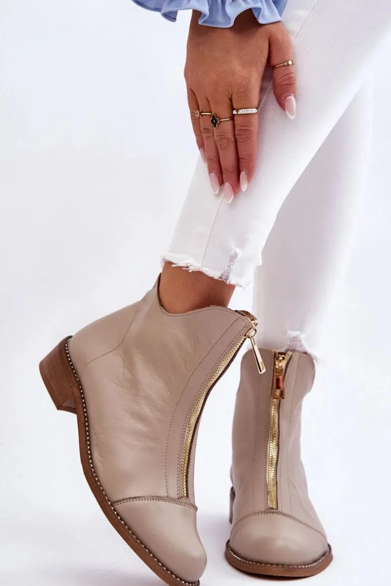 Skórzane Botki Na Suwak Nicole 2785/008 Beżowe