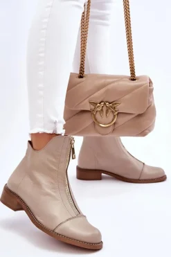 Skórzane Botki Na Suwak Nicole 2785/008 Beżowe