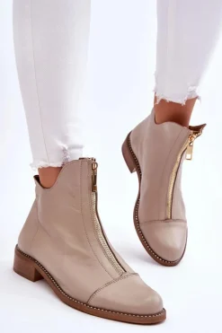 Skórzane Botki Na Suwak Nicole 2785/008 Beżowe
