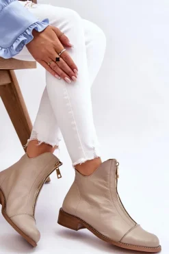 Skórzane Botki Na Suwak Nicole 2785/008 Beżowe