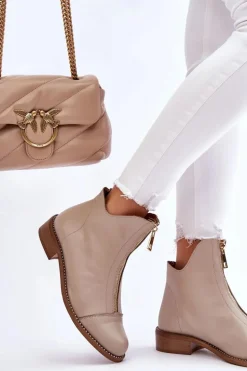 Skórzane Botki Na Suwak Nicole 2785/008 Beżowe