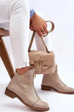 Skórzane Botki Na Suwak Nicole 2785/008 Beżowe