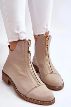 Skórzane Botki Na Suwak Nicole 2785/008 Beżowe