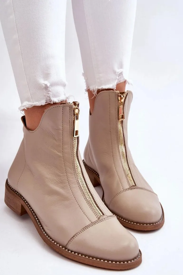 Skórzane Botki Na Suwak Nicole 2785/008 Beżowe