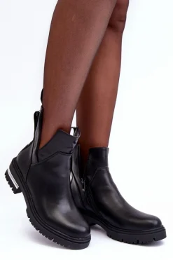 Skórzane Botki Na Suwak Z Wycięciami Czarne Flicha