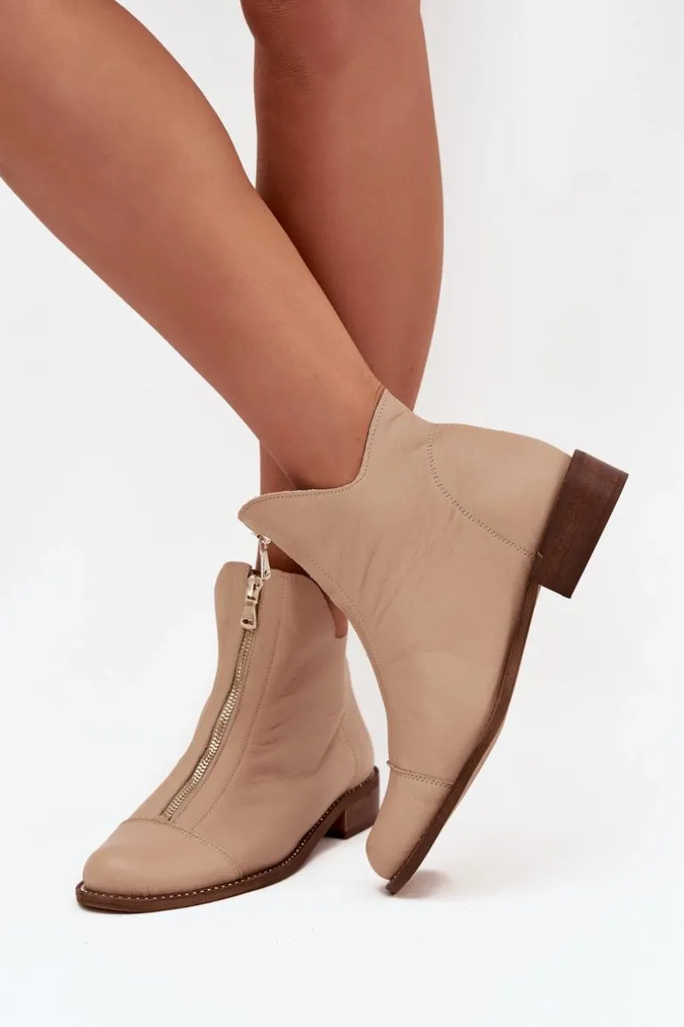 Skórzane Botki Na Suwak Zazoo 2785/079 Beżowe