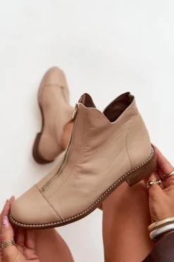 Skórzane Botki Na Suwak Zazoo 2785/079 Beżowe