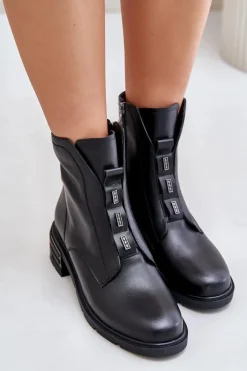 Skórzane Botki Na Zamek Ocieplane Czarne Olidrila