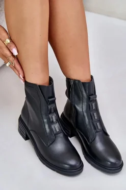 Skórzane Botki Na Zamek Ocieplane Czarne Olidrila