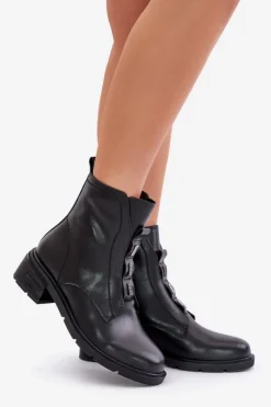 Skórzane Botki Na Zamek Ocieplane Czarne Olidrila