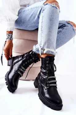 Skórzane Botki Ocieplane Czarne Lilinth