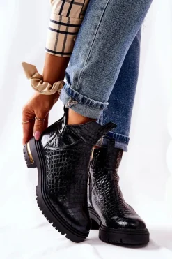 Skórzane Botki Ocieplane Krokodyl Czarne Tanya