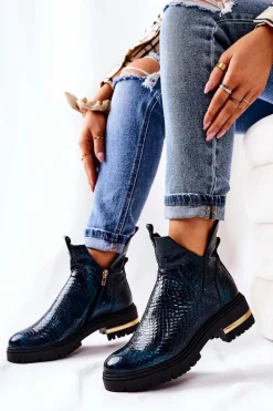 Skórzane Botki Ocieplane Krokodyl Zielone Tanya