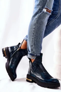 Skórzane Botki Ocieplane Krokodyl Zielone Tanya