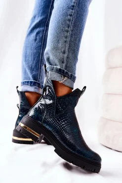 Skórzane Botki Ocieplane Krokodyl Zielone Tanya